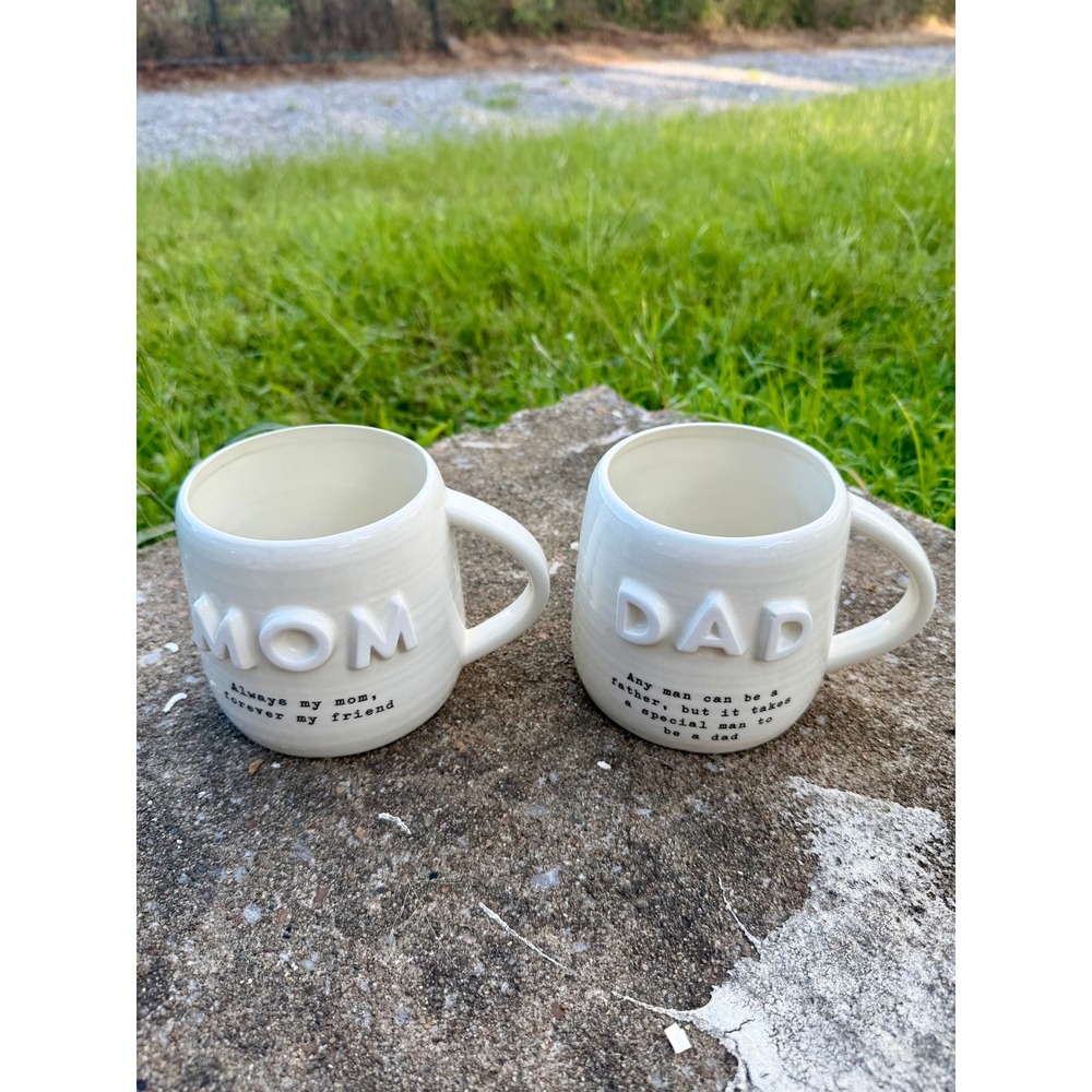 Mud Pie Mom and Dad Chunky Letter Mug Set White Ceramic 3D Raised Text New